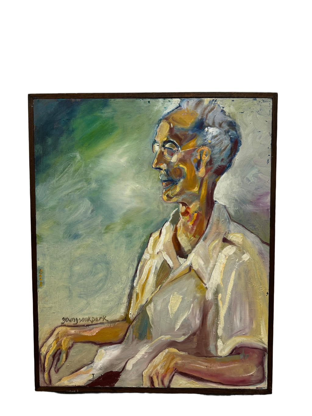 Elderly Asian Man Deep in Thought, Original Framed Oil on Canvas, by Youngsook Park, Circa 2000s