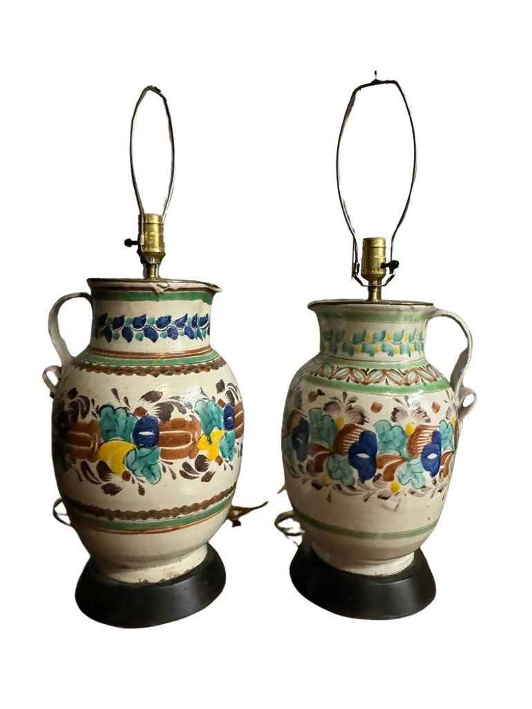 Vintage 1960s Colorful Mexican Pitcher Table or Desk Lamps - Set of 2