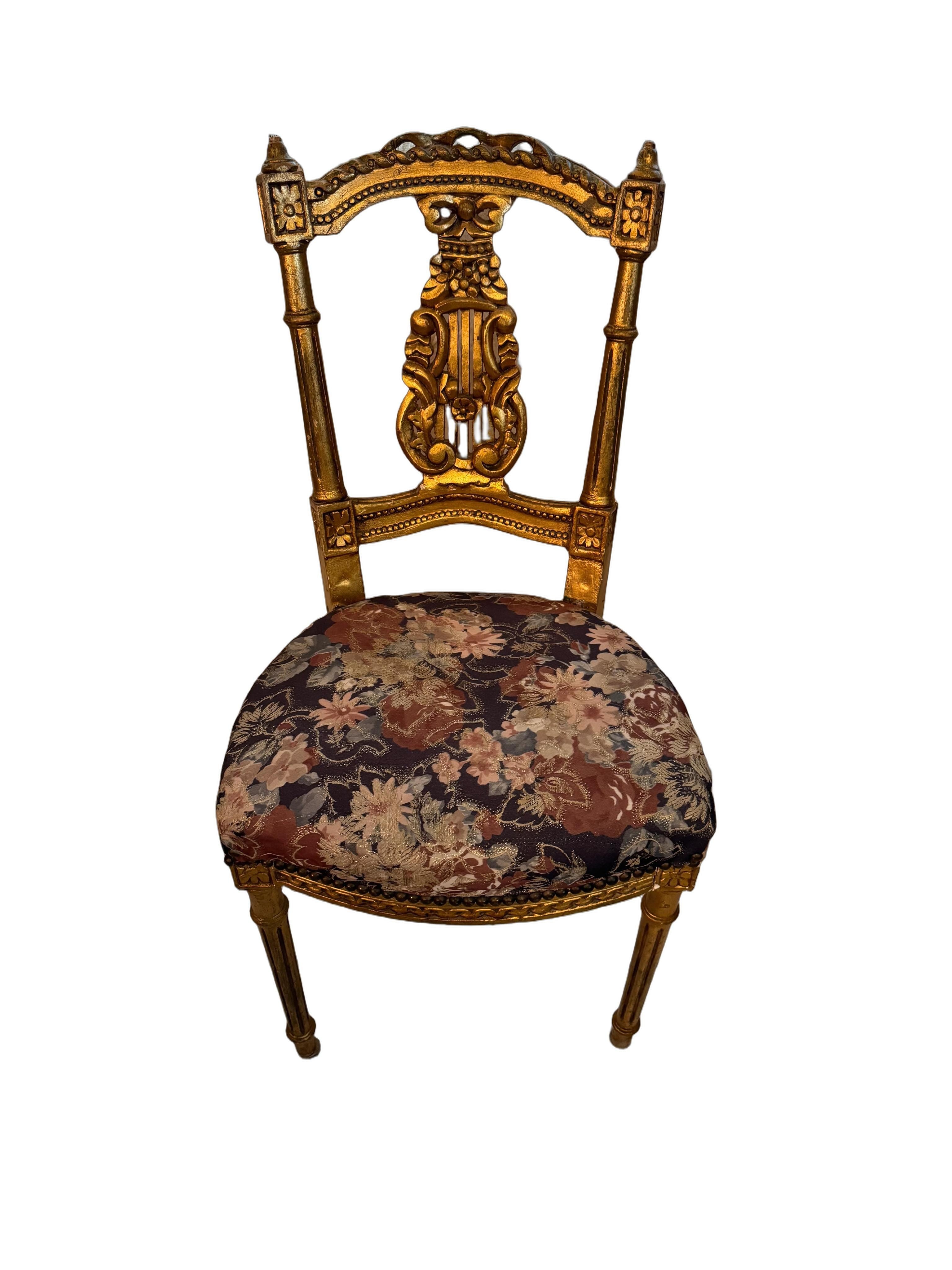 Antique French Louis XIV Gold Leaf Side Accent Harp Small Chair
