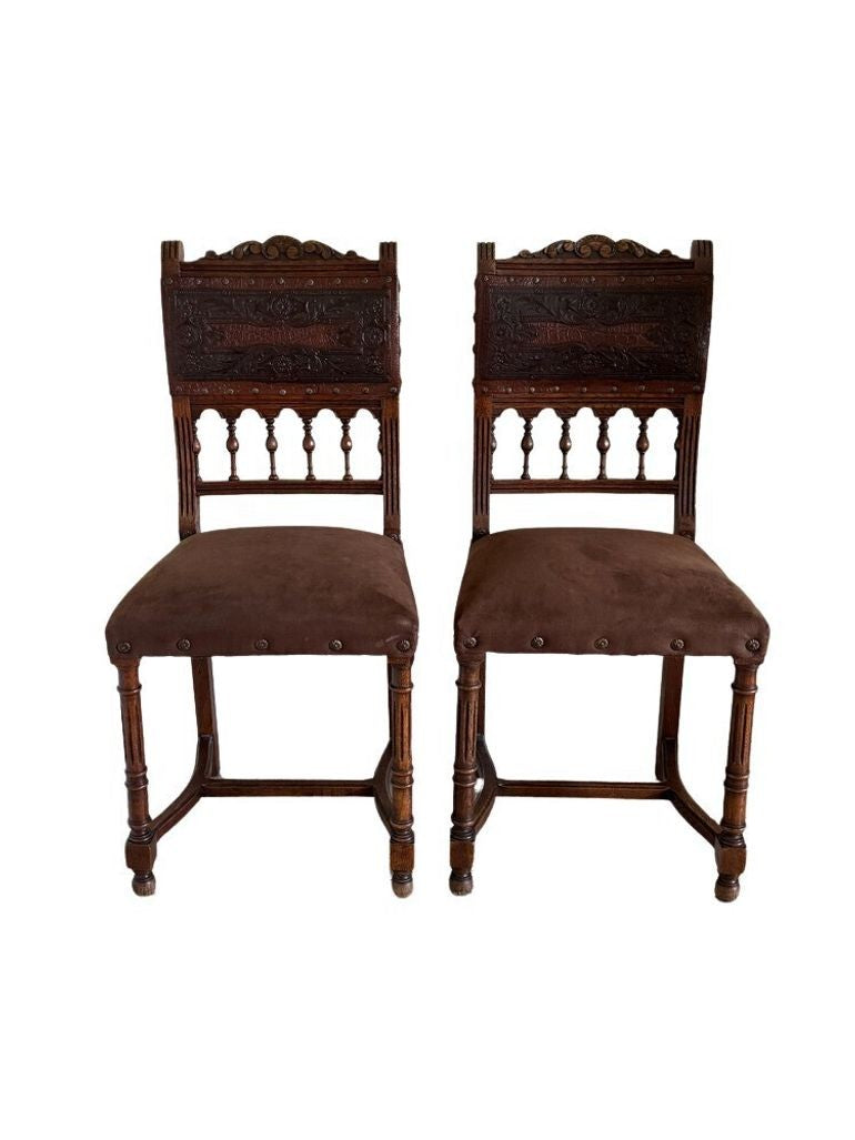 Antique 19th Century French Henry II Style Walnut Dining/Side/Accent Chairs With Suede Upholstery - Set of Two