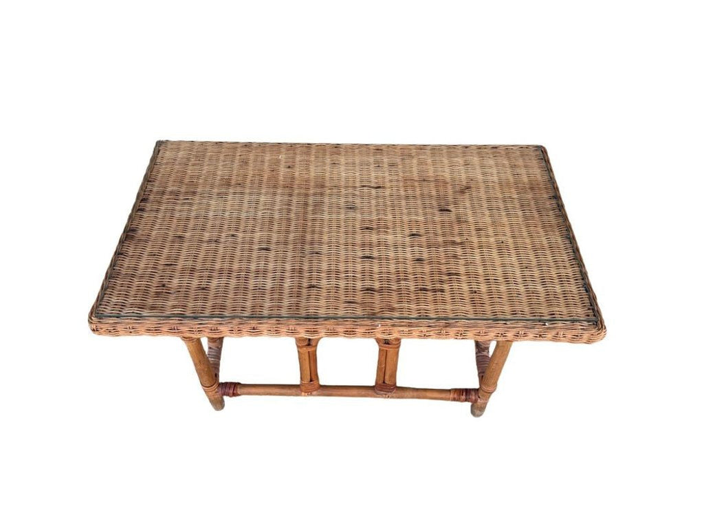 Vintage MCM Wicker Rattan Coffee Table with Glass Top