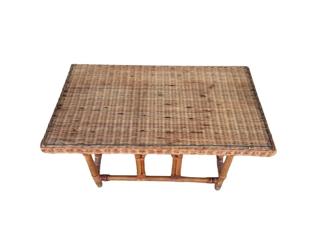 Vintage MCM Wicker Rattan Coffee Table with Glass Top
