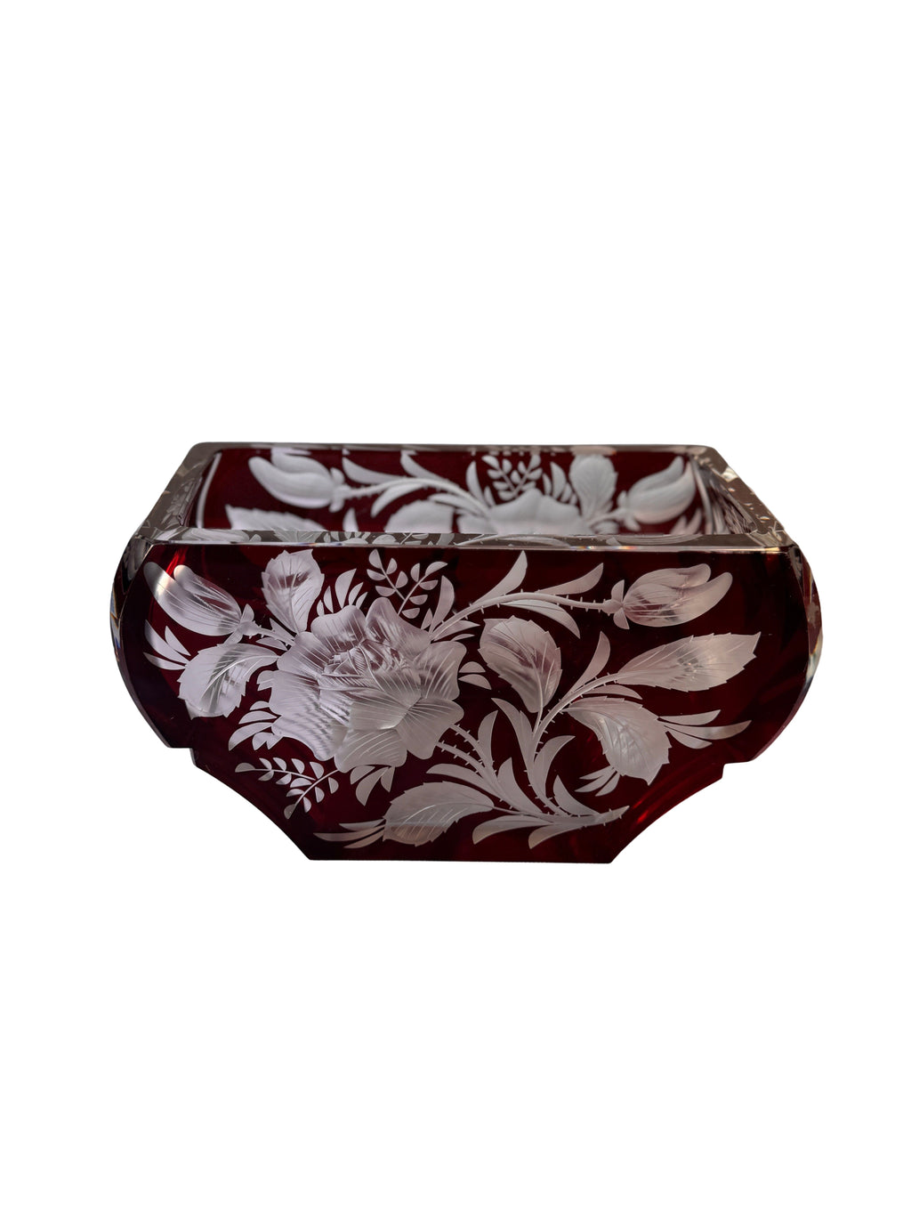 Antique Czech Bohemian  Ruby Red Art Deco Hand Cut to Clear Crystal Bowl, c. 1920