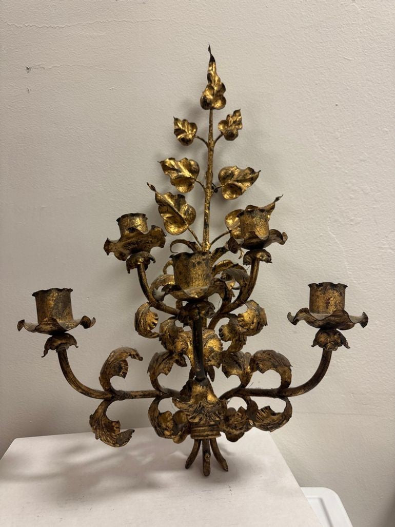 Antique Italian Wall Sconce Candelabra with Gilt Gold Leaf Motif for Five Candles, c. 1920