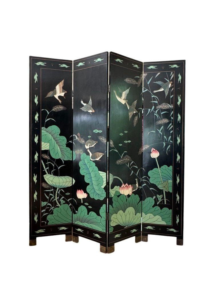 Vintage Chinese Four Panel Room Divider, Folding Screen with a Chinoiserie Pond Scene Painted on Both Sides