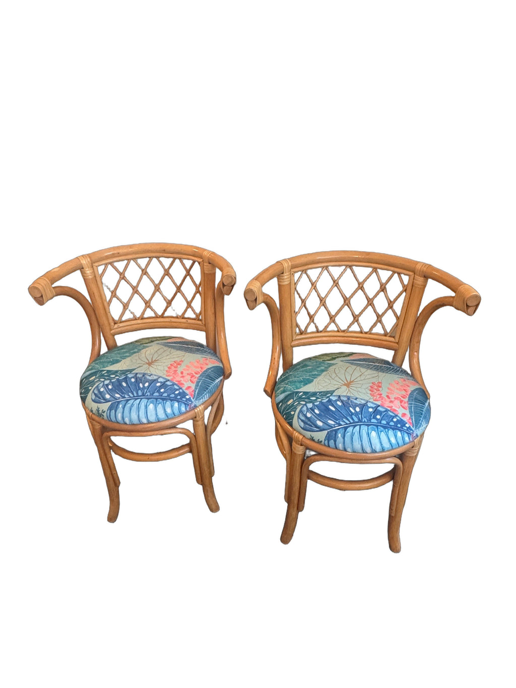 Vintage Bamboo & Rattan Barrel-Back Bistro Honeymoon Chairs, Pair, c. 1970s