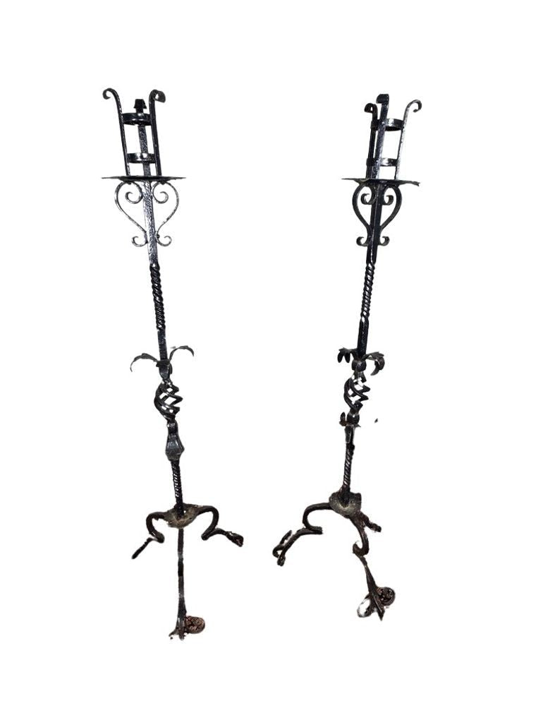 Antique Wrought Iron Floor Candelabras - Holds One Pillar Candle  - Set of 2