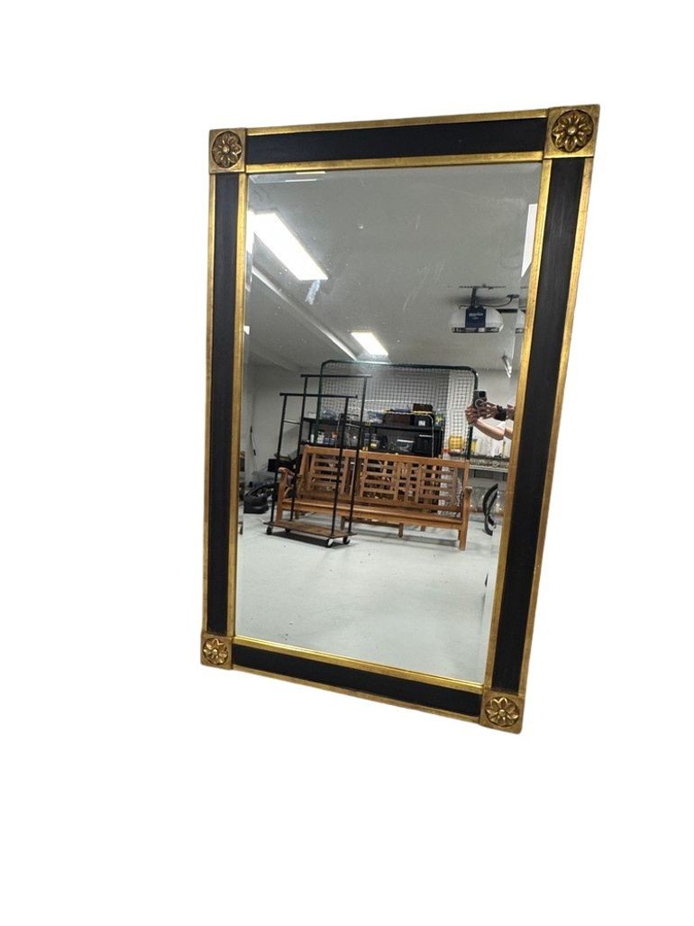 Vintage Black & Gold Regency or Empire Style Beveled Mirror