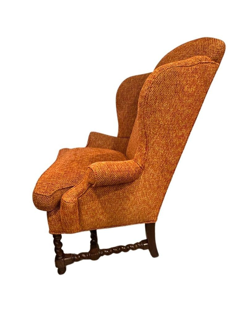 Vintage Queen Anne & Archie Bunker Style Wingback Chair with Carved Spindle Legs