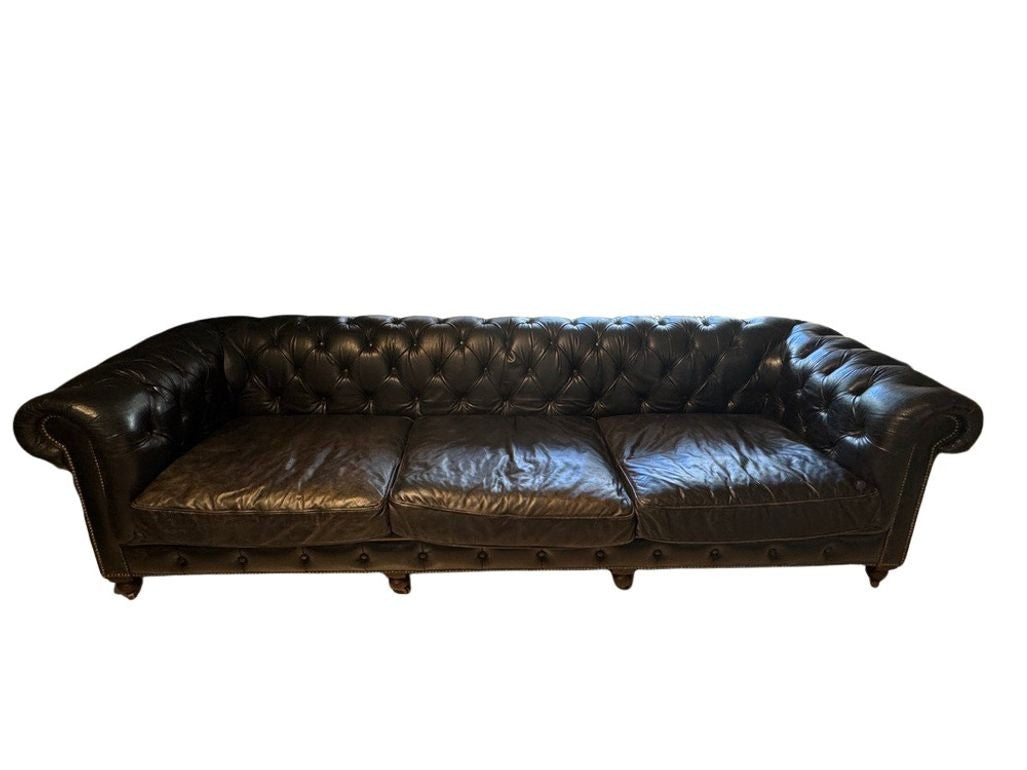 Restoration Hardware Kensington Ebony Leather Sofa with 44” depth and Luxe Down Feather Fill