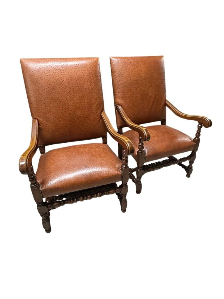 Antique Brown Leather Armchairs with Nailhead Details, Bobbin-Turned Legs, and Scrolled Arms- Set of 2, c. Early 1900s