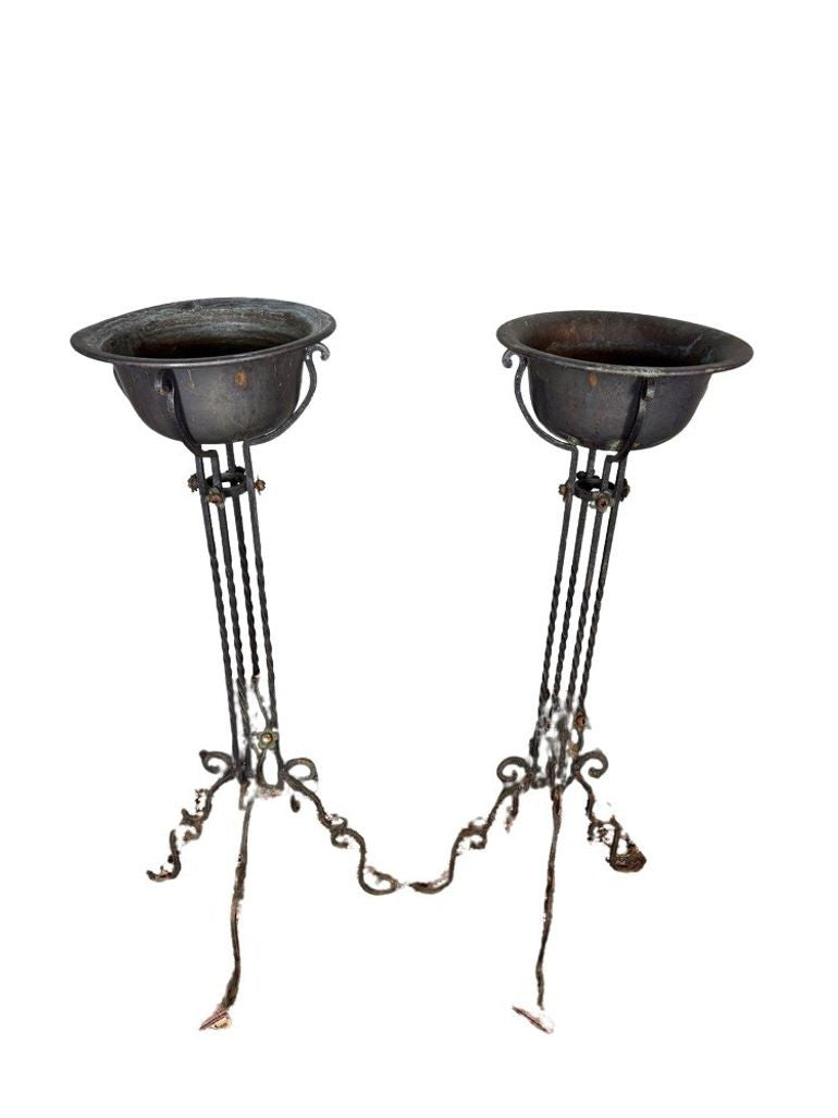 Antique Wrought Iron Plant Stands with Pot - Set of 2