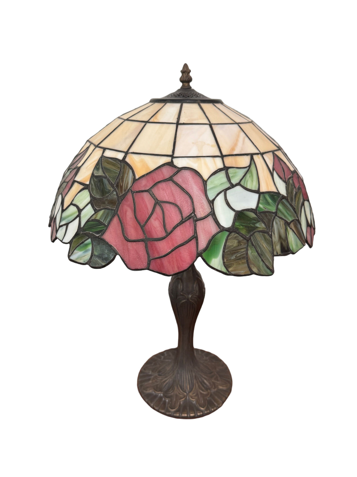 Vintage Art Nouveau Style Rose Stained Glass Desk or Table Lamp, c. 1990s