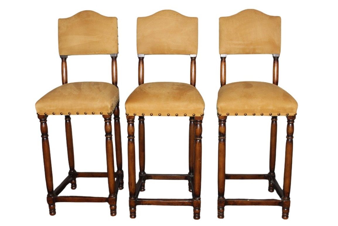 Vintage Suede Barstools with Nail Head Detail - Set of 3