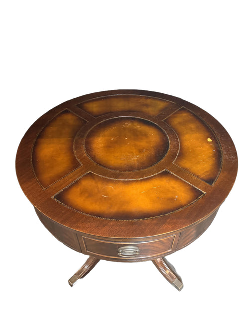 Antique Duncan Phyfe Style Mahogany Drum Center Table with Gold-Tooled Leather Top, Early 20th Century