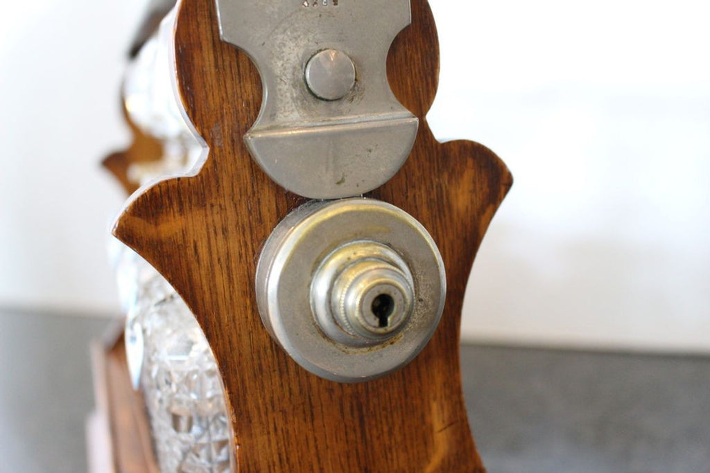 Antique English Oak Tantalus with Three Cut Crystal Decanters, c. late 1800s