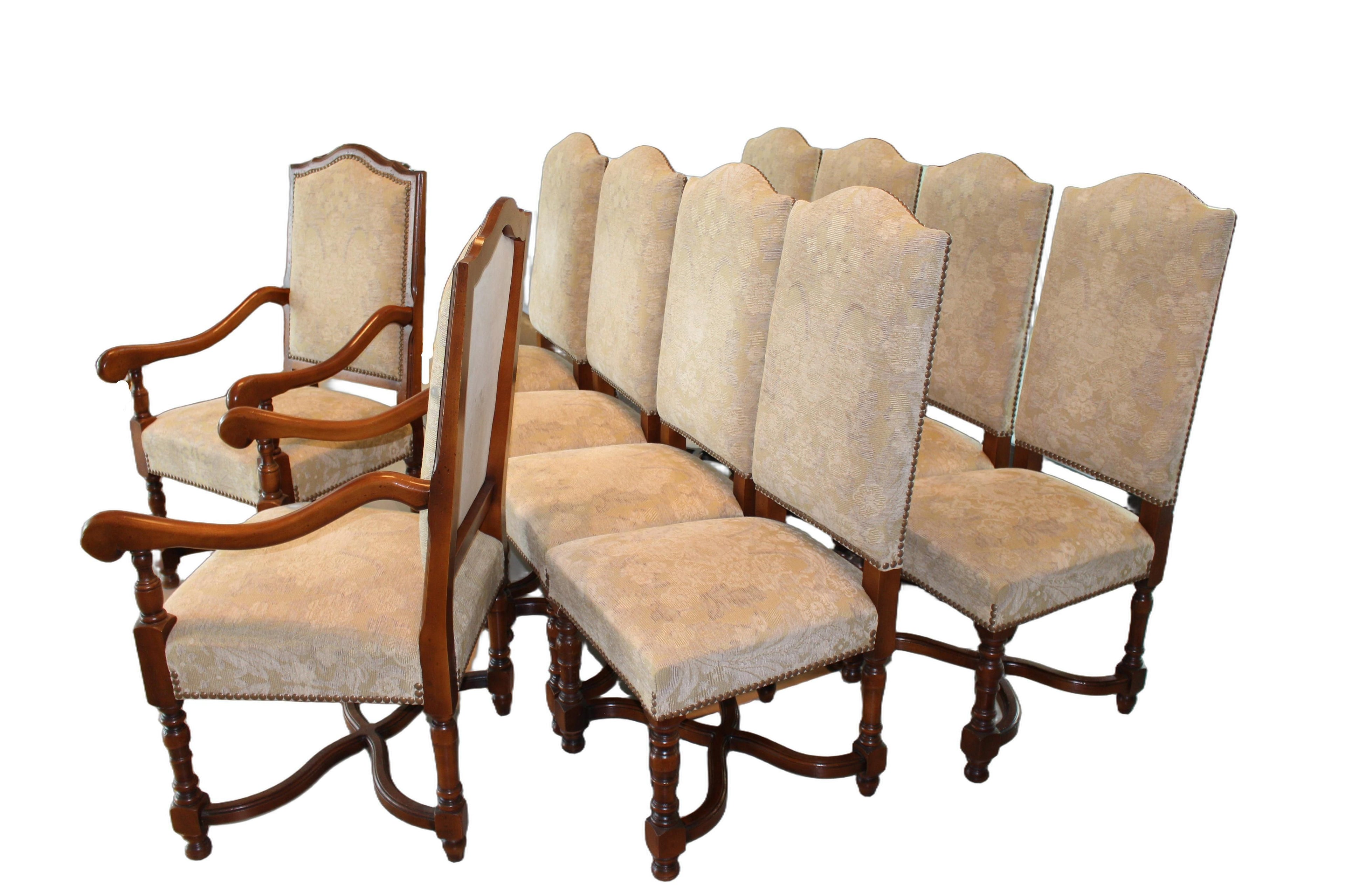 Vintage Provence Collection by Bussandri Louis XIV Style Fabric & Leather Dining Chairs, Set of 10, c. 2003