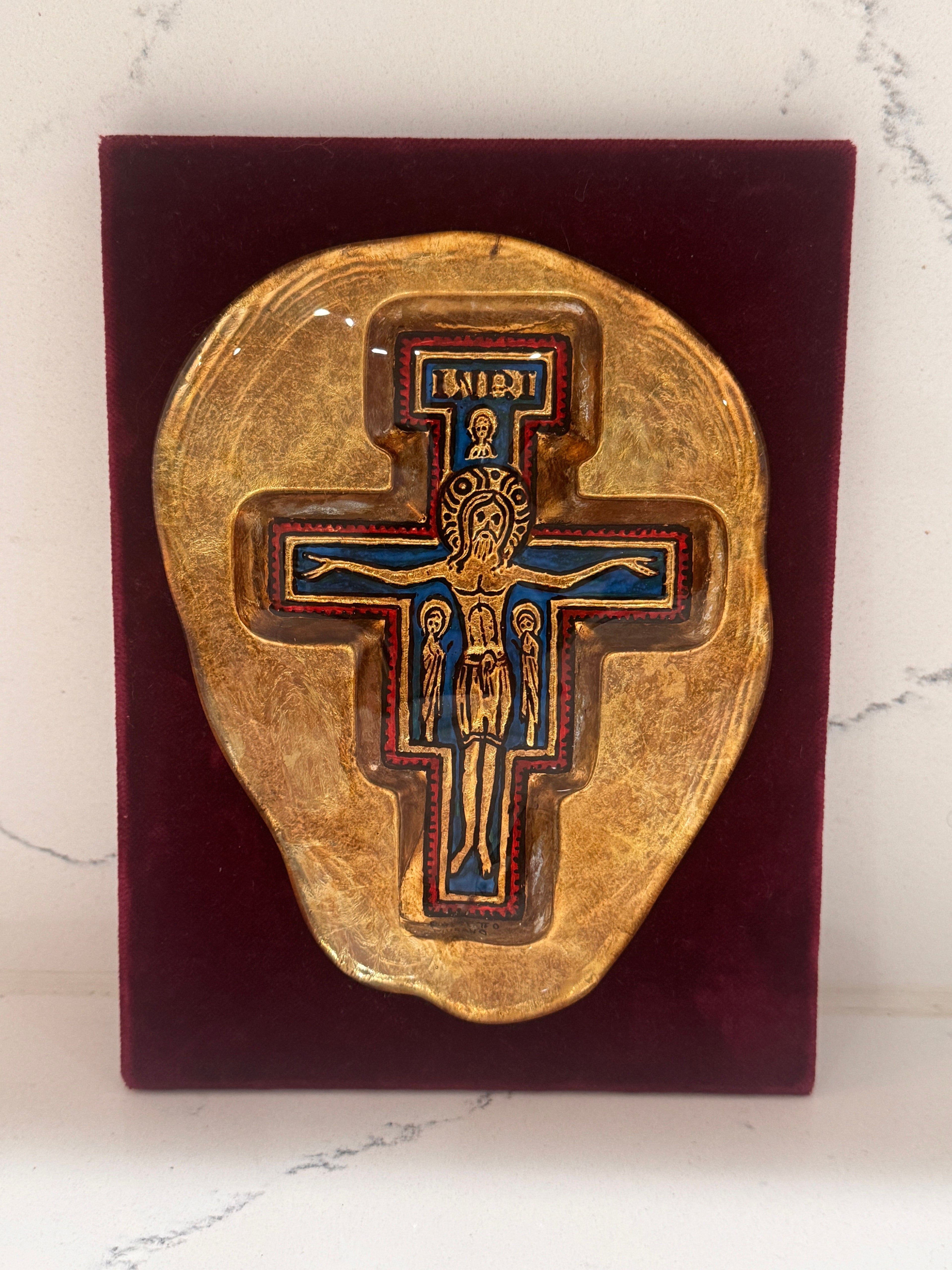 Vintage Murano Glass Crucifix Wall Plaque – San Damiano Style on Velvet