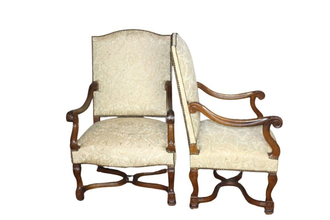 Antique French Louis XIV Style Nail Head Upholstered Arm Chairs - Set of 2