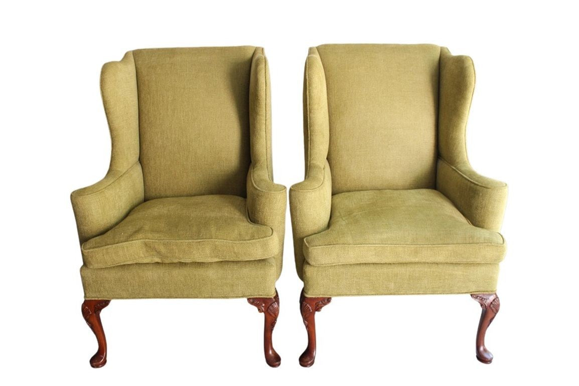 Vintage Queen Anne Style Chenille Wingback Chairs - set of 2