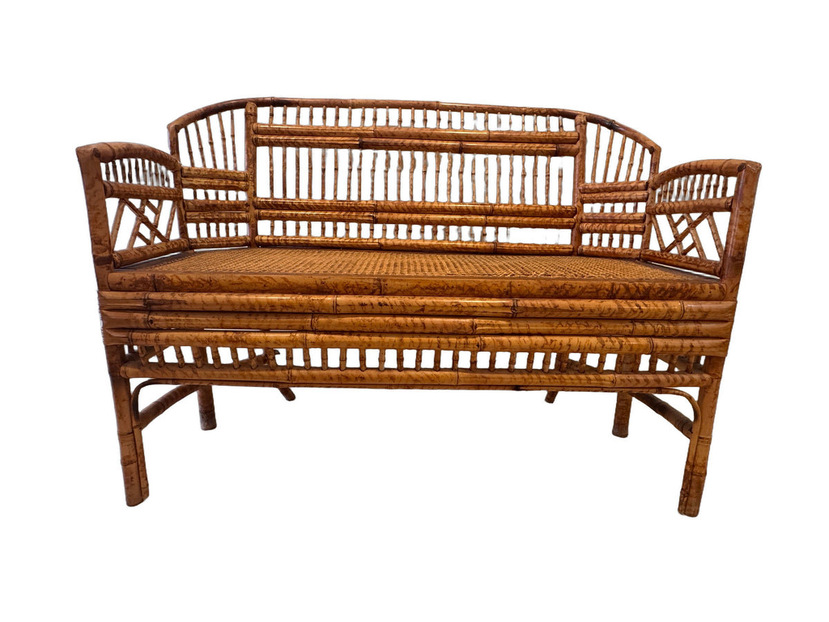 Vintage Brighton Pavilion Style Burnt Bamboo & Cane Settee Bench, c. 1970s
