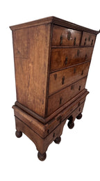 Antique William and Mary Burl Walnut Chest on Stand with Original Bronze Hardware and Cannonball Feet, Late 17th Century