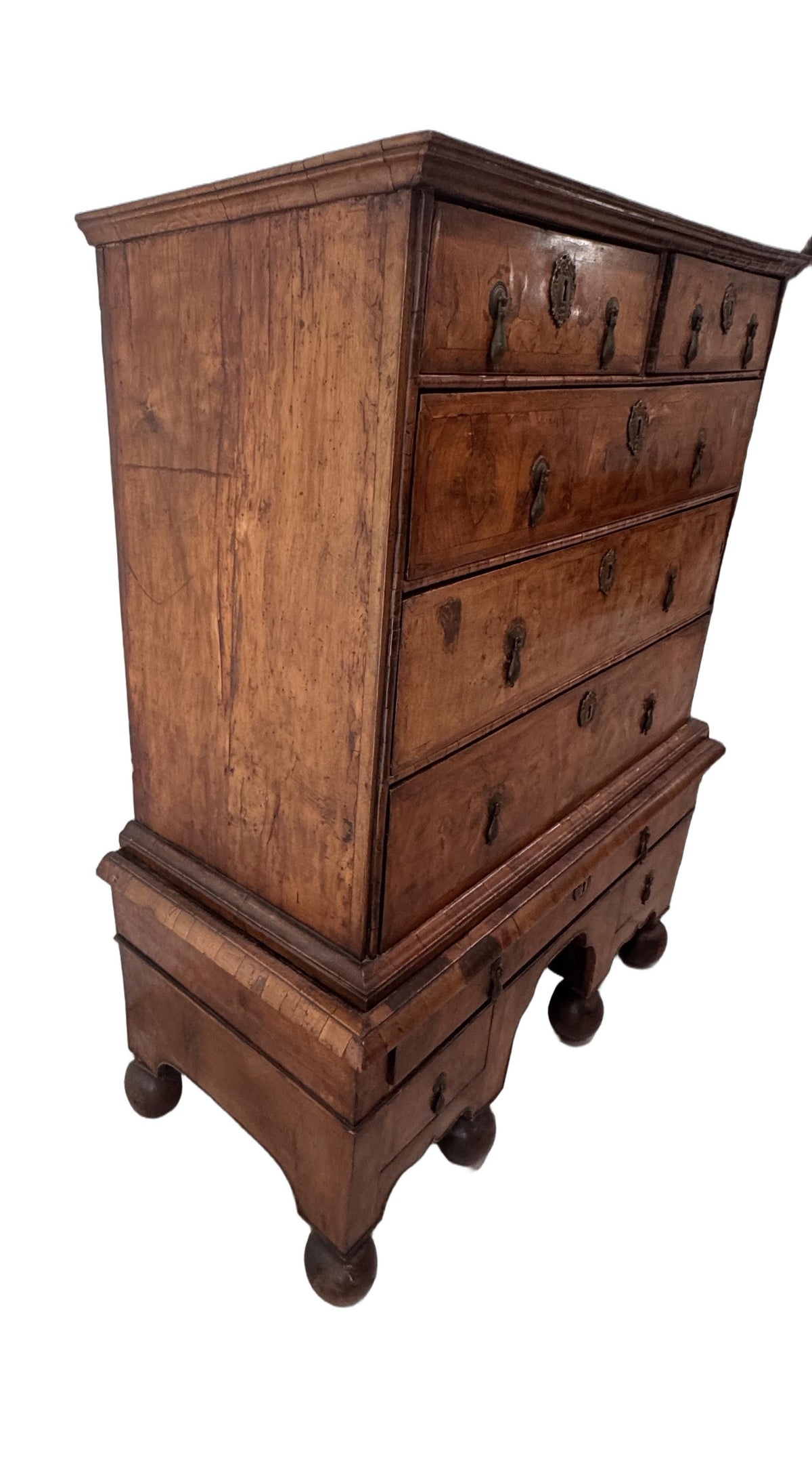 Antique William and Mary Burl Walnut Chest on Stand with Original Bronze Hardware and Cannonball Feet, Late 17th Century