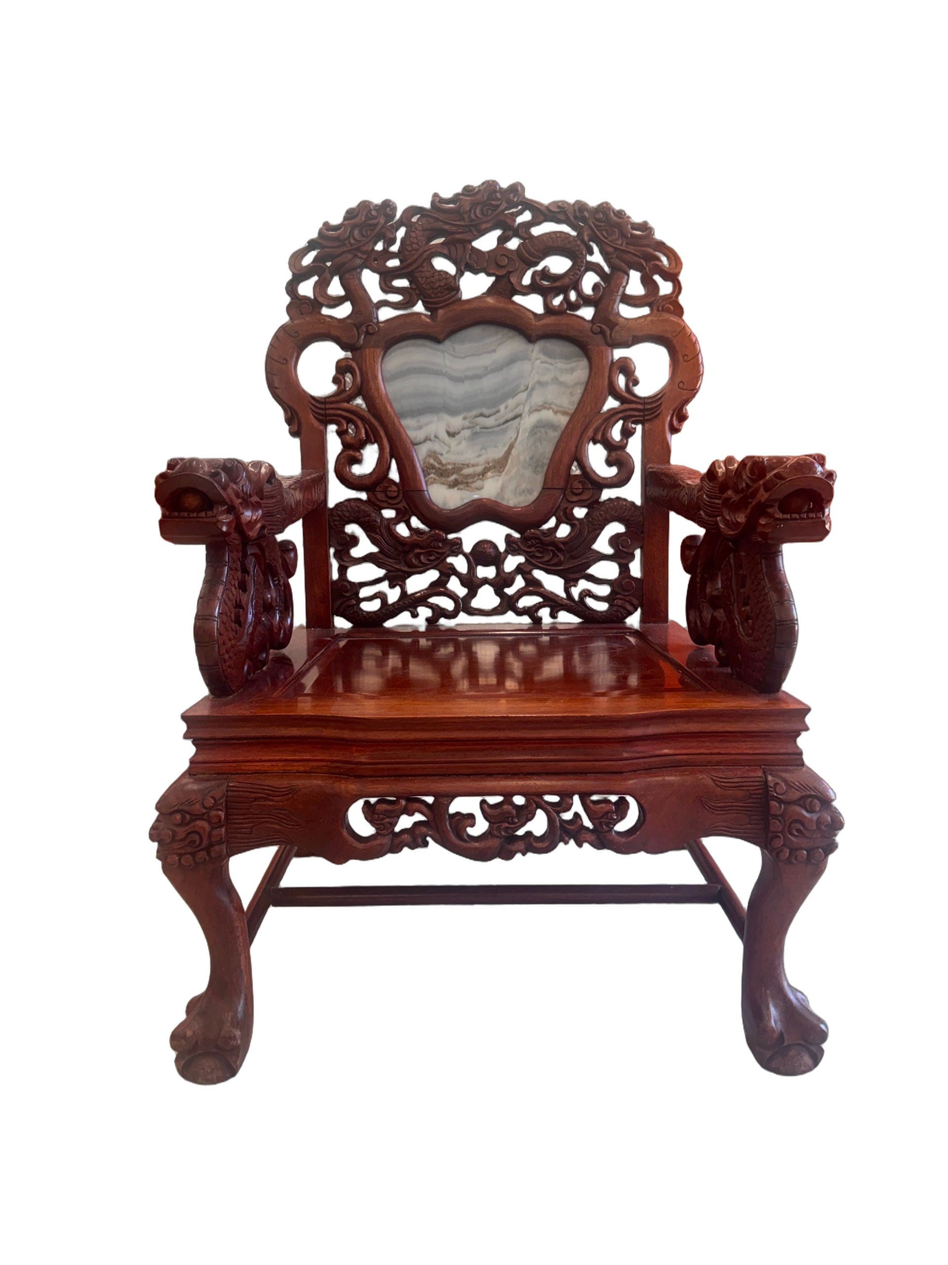 Antique Chinese Rosewood Dragon Armchair – Peranakan Style Carved Chair with Marble Insert, c. late 19th or early 20th century