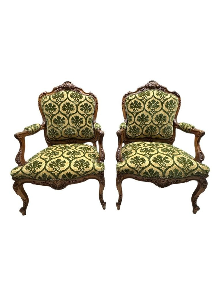 Antique French Louis XV Style Carved Walnut Bergere Armchairs with Green and Gold Damask and Nail head Details - Set of Two