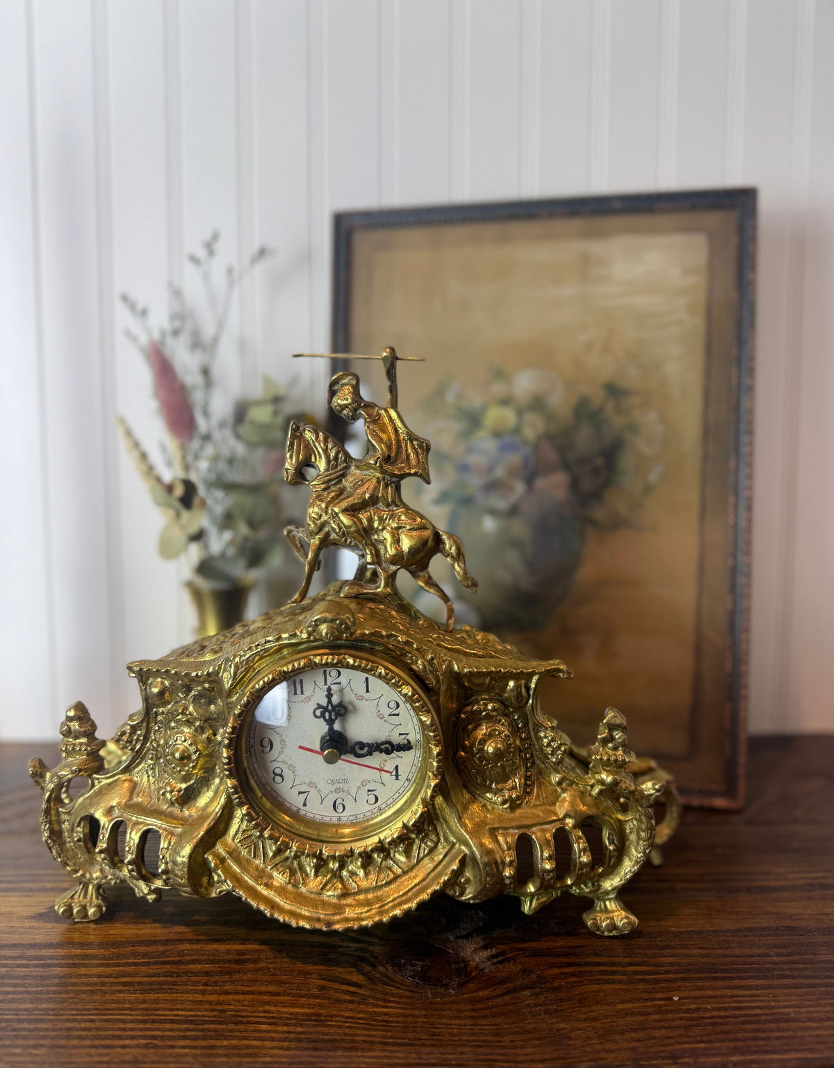 Vintage Rococo Revival Style Brass Mantel Clock, Mid–Late 20th Century