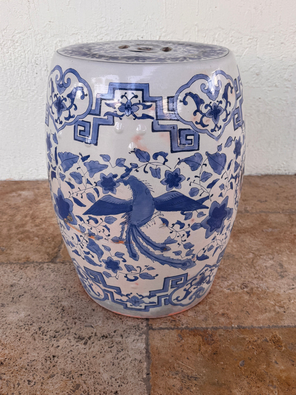 Vintage Terracotta Blue and White Chinese Garden Stool, Plant Stand
