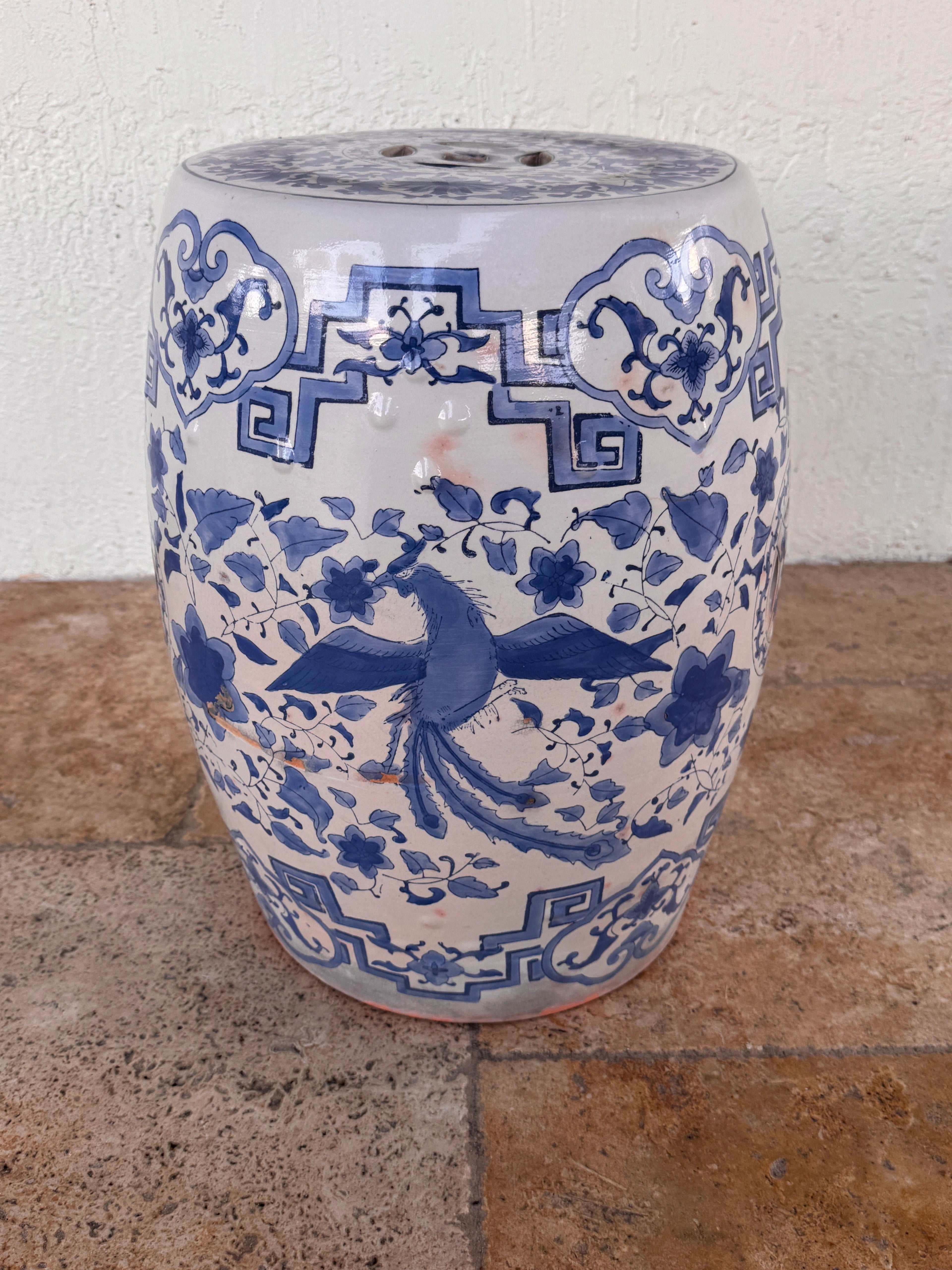 Vintage Terracotta Blue and White Chinese Garden Stool, Plant Stand