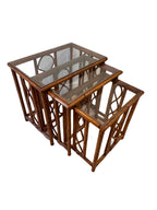 Vintage Burnt Bamboo Rattan Nesting Tables with Glass Tops, Set of 3, c. 1970s