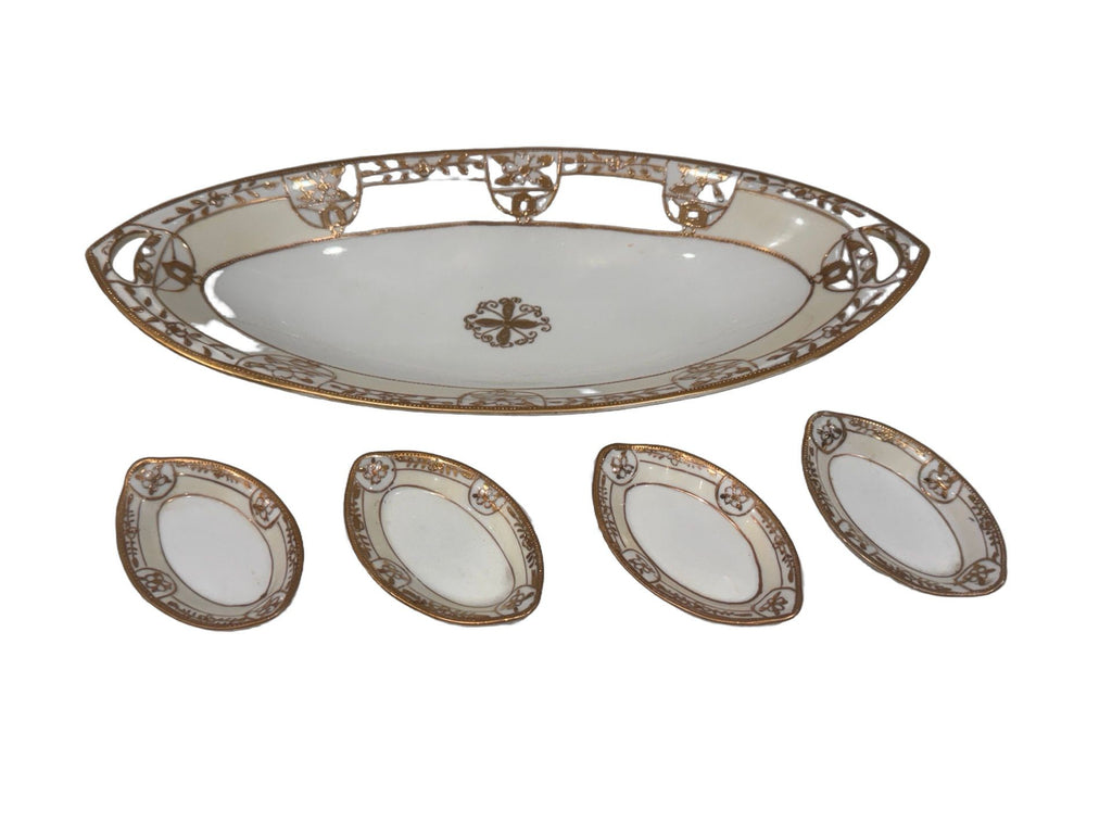 Antique Nippon Hand-Painted Porcelain Celery Bowl & Salt Cellars, Set of 5 – Morimura Brothers, c. 1910–1921