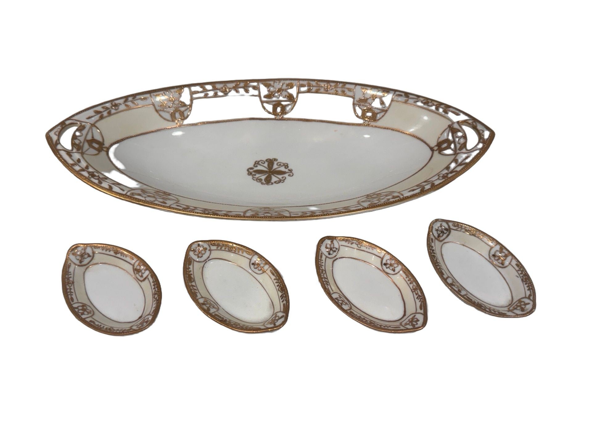 Antique Nippon Hand-Painted Porcelain Celery Bowl & Salt Cellars, Set of 5 – Morimura Brothers, c. 1910–1921