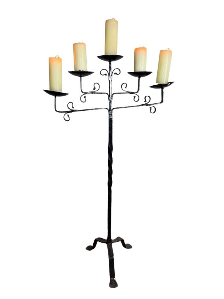 Antique Wrought Iron Floor Candelabras - Holds Five Candles - Set of 2