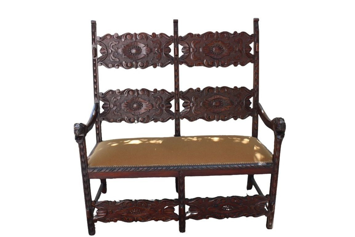 Antique Italian Carved Walnut Upholstered Bench, c. late 1800s
