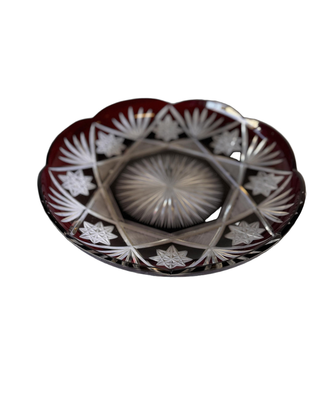 Antique Czech Bohemian  Ruby Red Art Deco Hand Cut to Clear Crystal Plate featuring Starburst Geometric Patterns , c. 1920