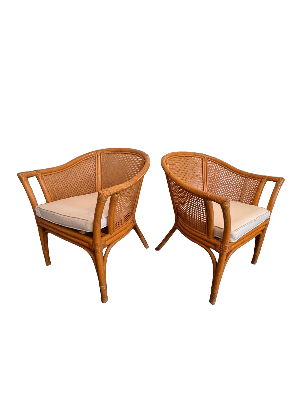 Vintage McGuire Style Rattan & Cane Barrel Back Armchairs, c. 1980s