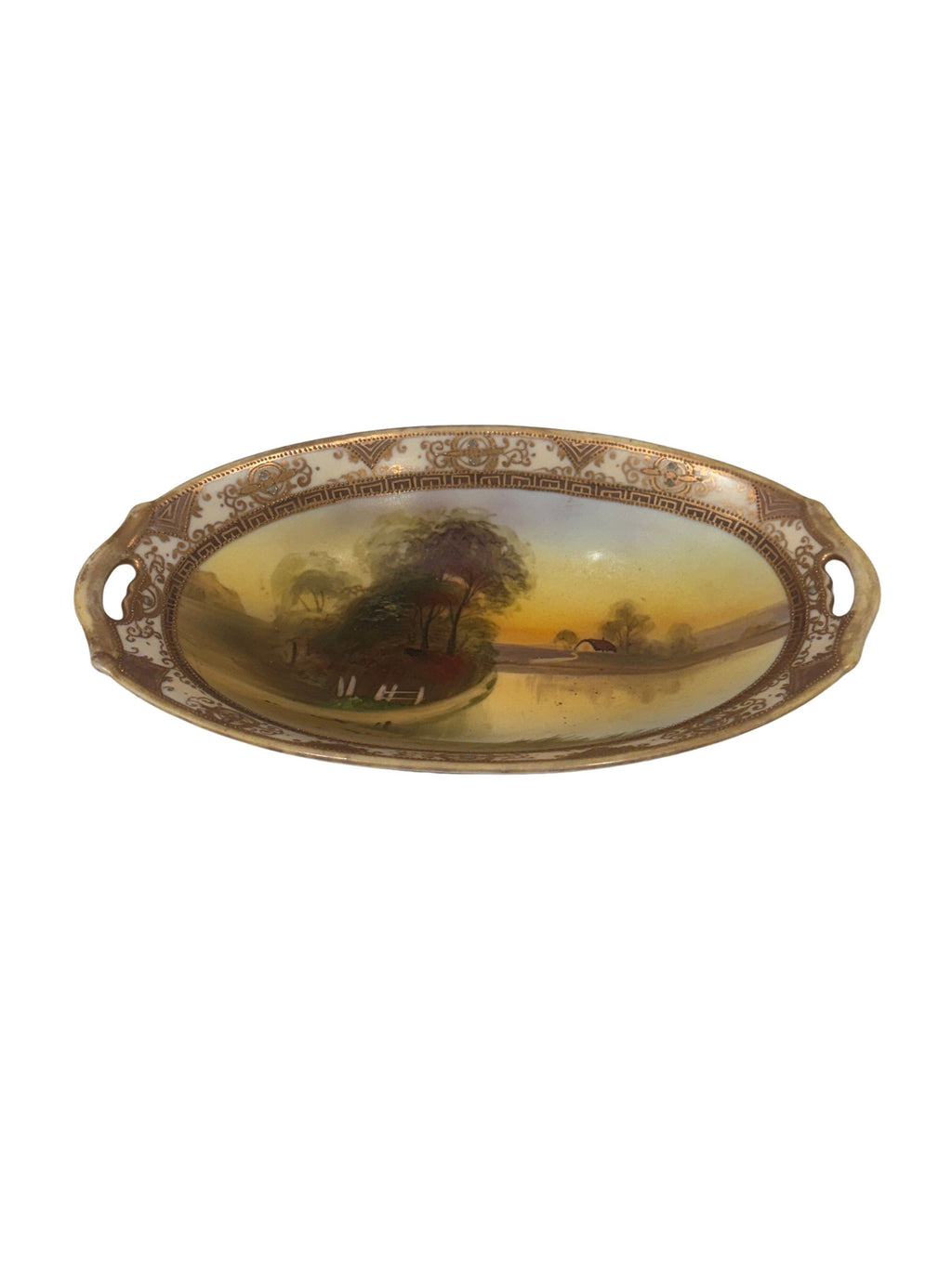 Antique Japanese Hand-Painted Nippon Plate by Morimura Brothers, Rural Lake Scene, c. 1911–1921