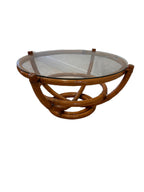 Vintage Sculptural Palm Beach Style Rattan Coffee Table with Round Glass Top, c. 1970s