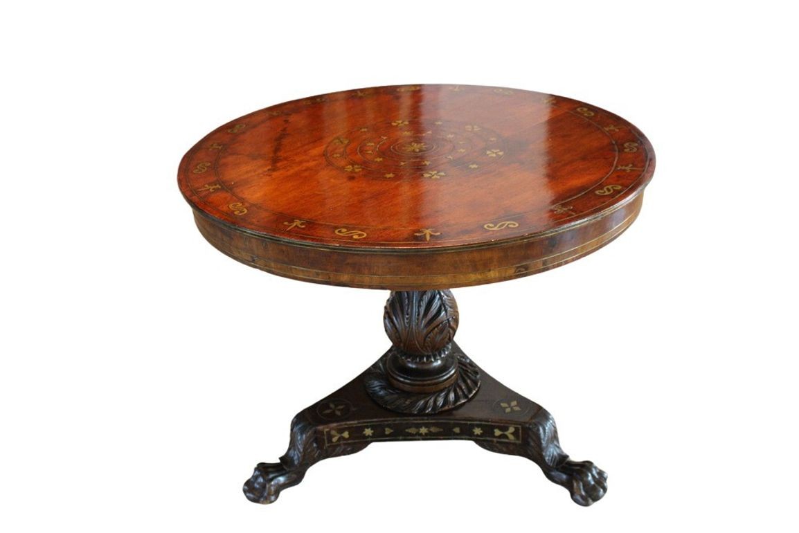 Antique William IV Style Brass-Inlaid Pedestal Center Table, Early 19th Century