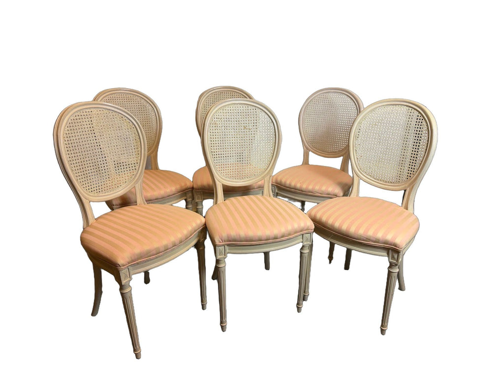 Vintage French Louis XVI Style Oval Cane Back Dining Chairs, Set of 6, c. 1970s