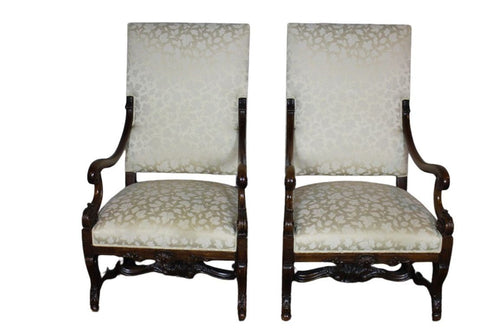Antique French  Louis XIV Style Carved Walnut Ivory White Arm Chairs - Set of 2