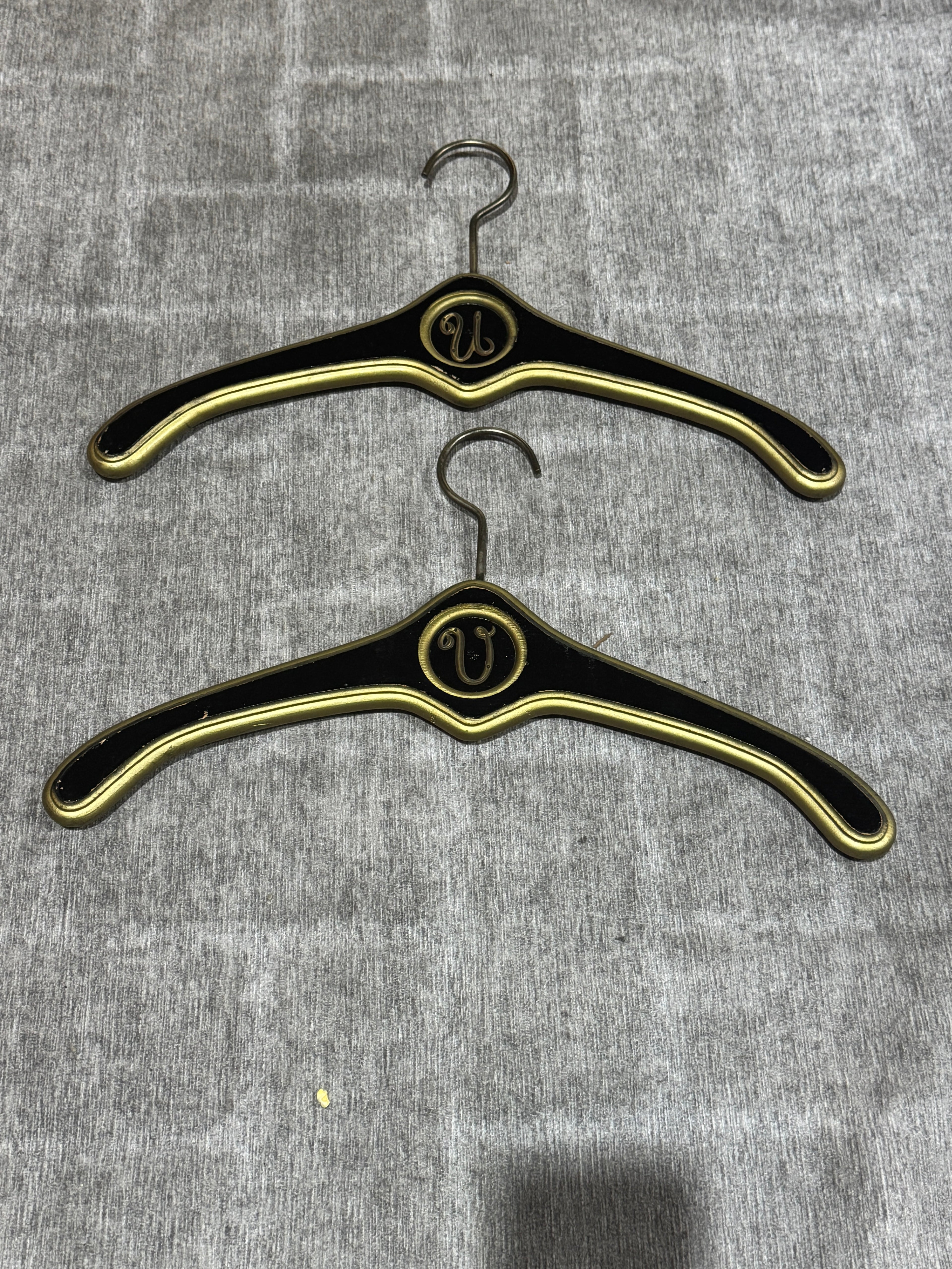 MCM Regency Black and Gold Wood Clothes Hangers - Monogrammed with U and V