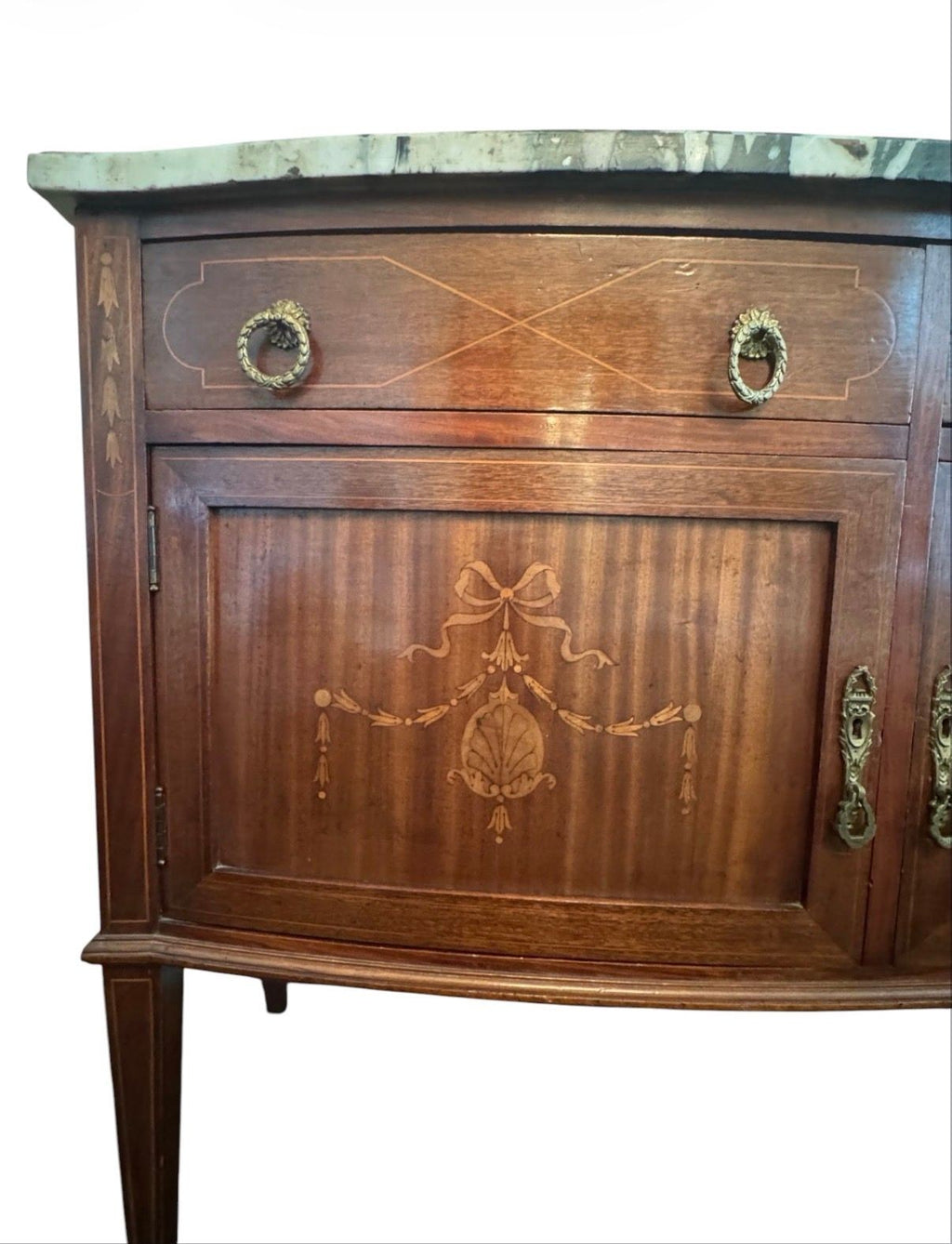 Antique French Louis XVI Demilune Mahogany  Calacatta Viola Marble Top Buffet Sideboard Credenza