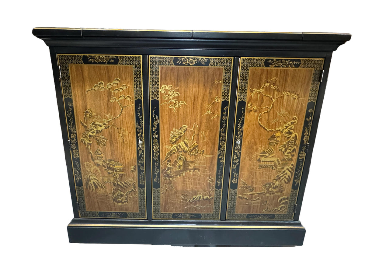 Drexel Et Cetera Collection Black Lacquer Chinoiserie Flip-Top Buffet Server, 1970s
