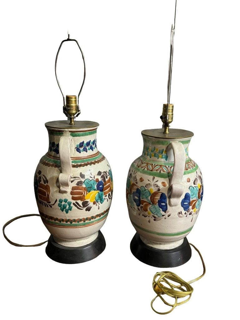 Vintage 1960s Colorful Mexican Pitcher Table or Desk Lamps - Set of 2