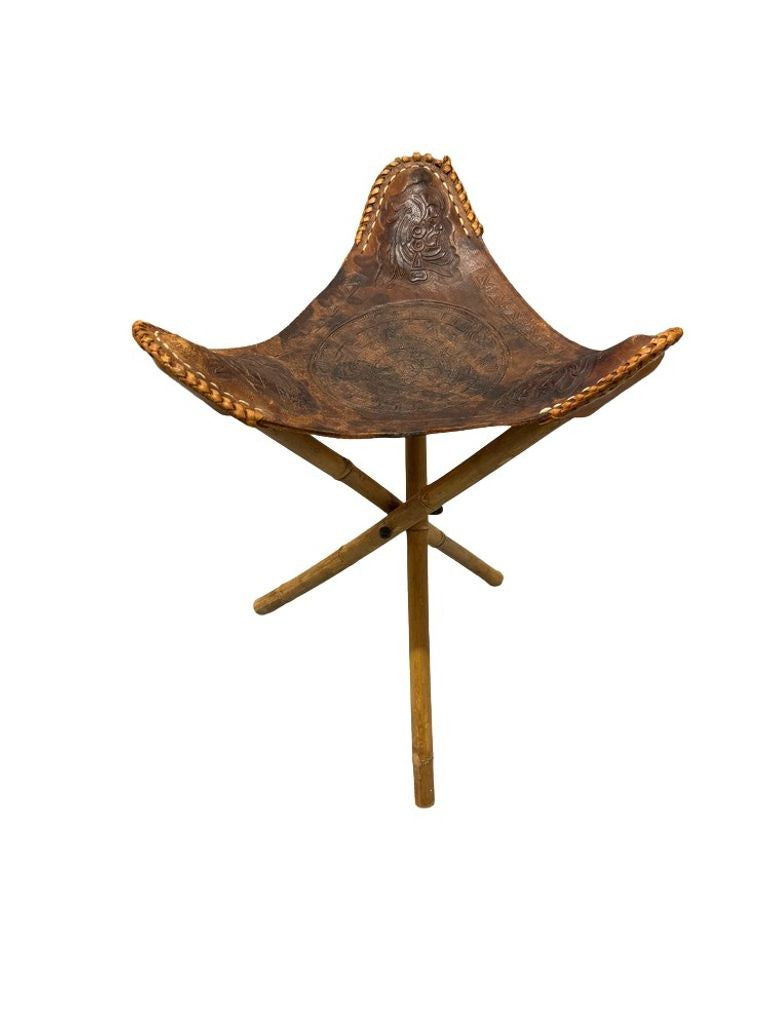 Vintage 1960s Mexican Leather Tripod Folding Stools