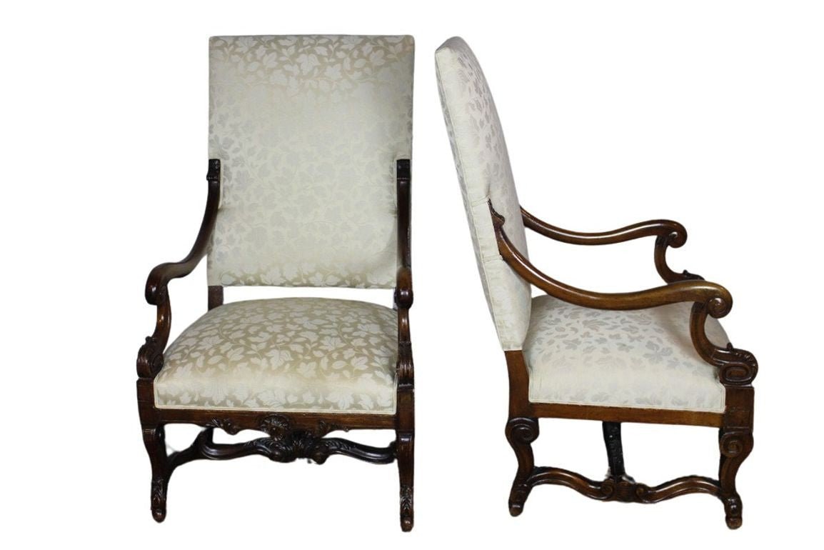 Antique French  Louis XIV Style Carved Walnut Ivory White Arm Chairs - Set of 2